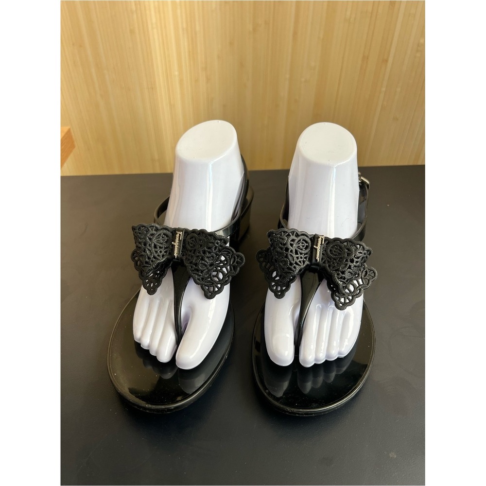 Salvatore Ferragamo Black Patent T-Strap Sandals with Floral Appliqué - Picture 2 of 6